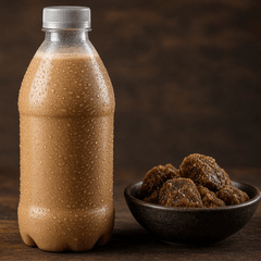 Foto botol kopi susu aren polos tanpa label di samping mangkuk gula aren